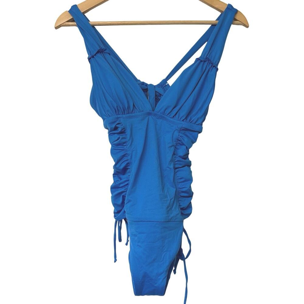 Soluna Ruched Tummy Control One Piece Swimsuit Blue Size M NWT Resort Swim